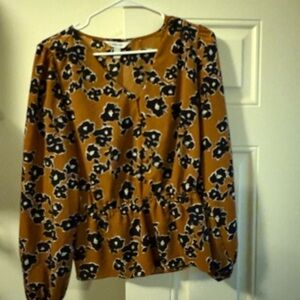 Nine West Mustard and Black Floral Blouse